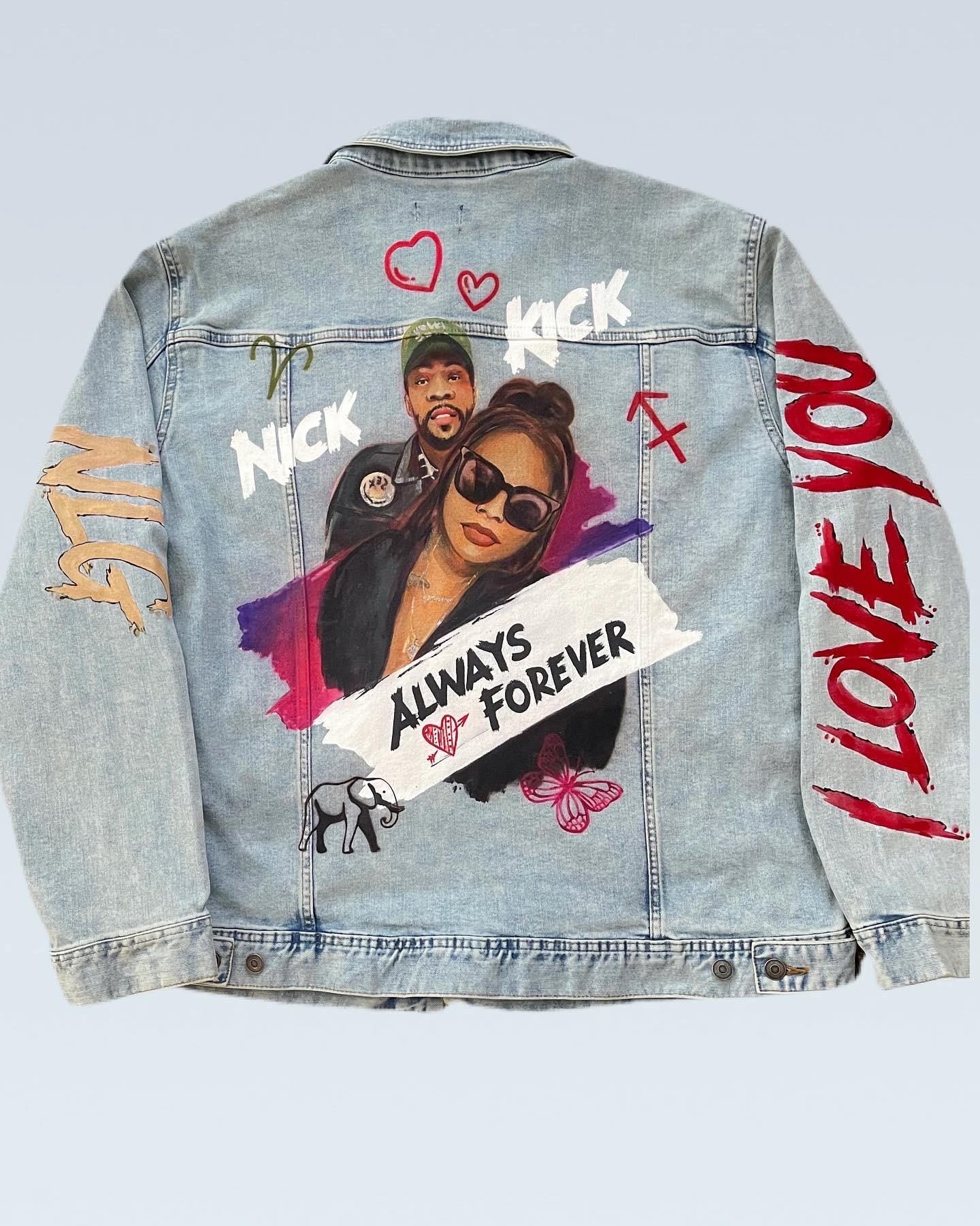 Custom Painted Denim Jacket for Mom – Personalized Mother’s Day Gift – Hand-Painted Portrait Jacket – One-of-a-Kind Fashion