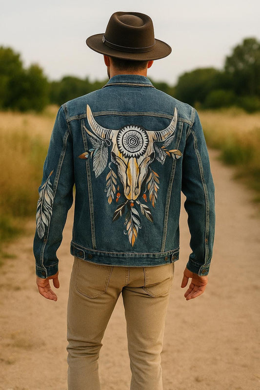 Boho Western Denim Jacket Gift | Hand-Painted Bull Skull Jean Jacket | Rustic Cowgirl Outfit | Festival Fashion | Boho Art Clothing