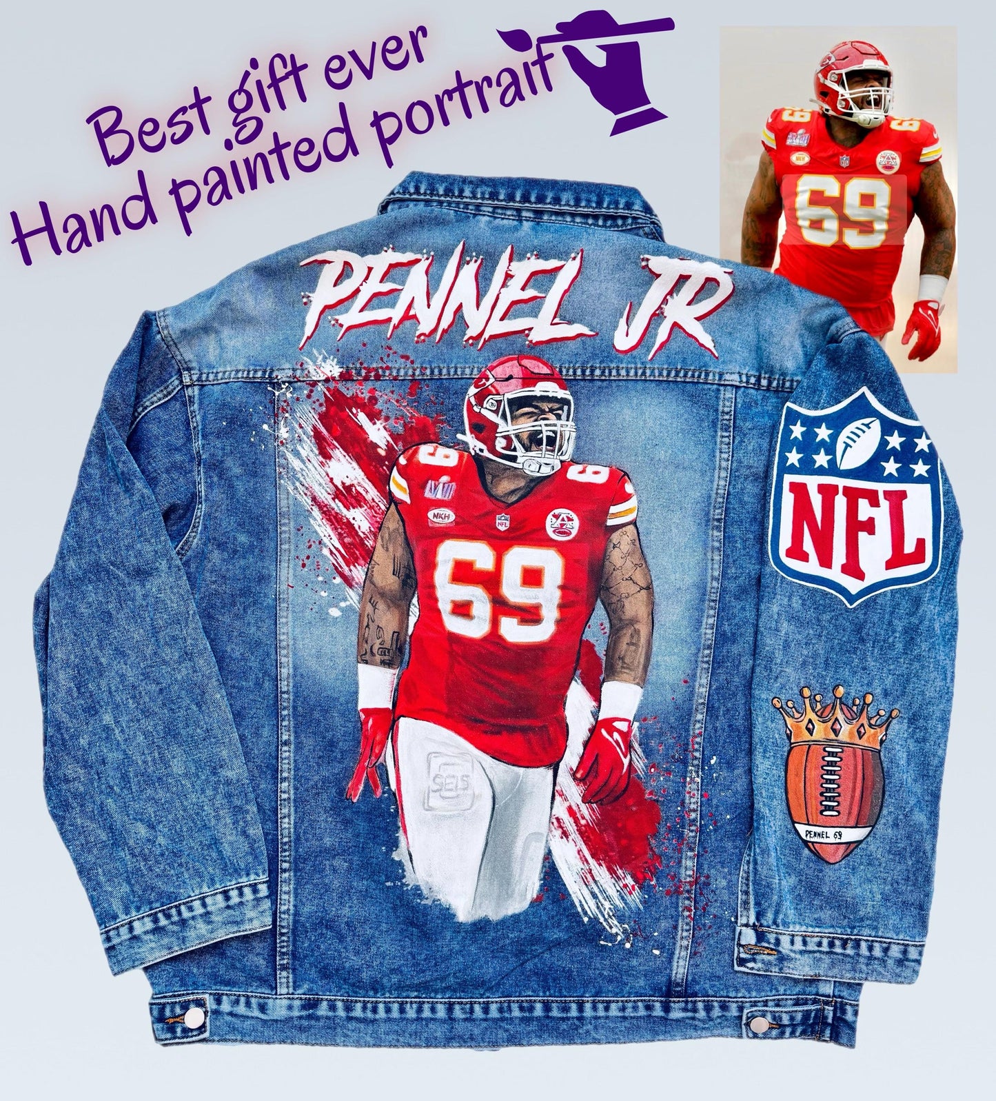 Custom Portrait Denim Jacket β Hand-Painted Artwork on Jacket, Unique Gift for Sports Fans, NFL Inspired Streetwear for Him or Her