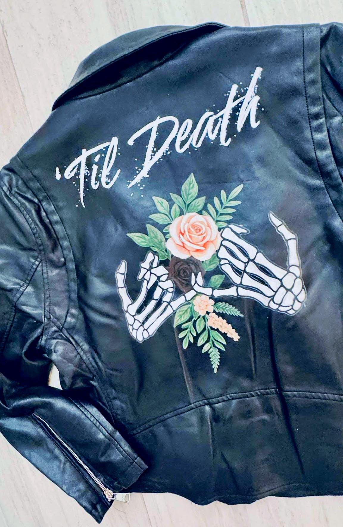 Wedding Gift – Hand-Painted Leather Jacket “Til Death” | Gothic Bride Outfit, Punk Rock Anniversary, Alternative Couple Gift