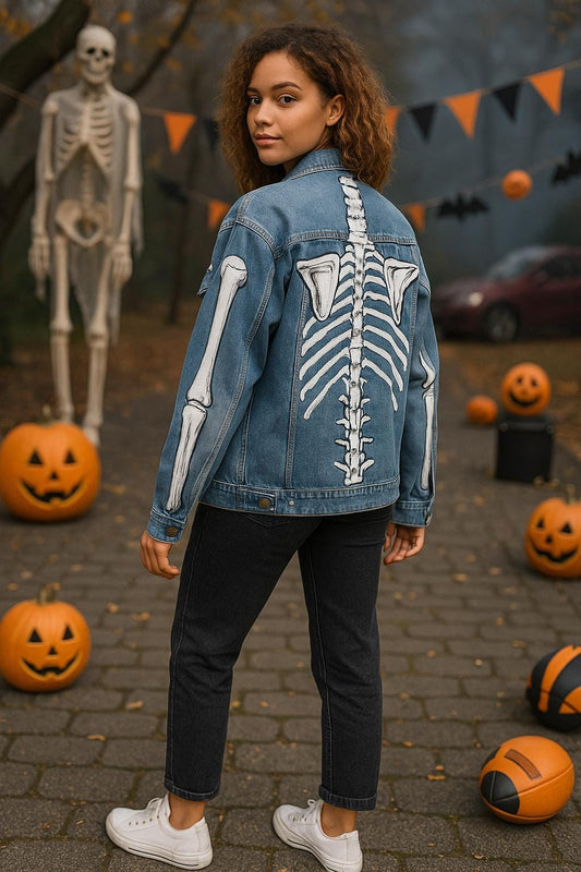 Halloween Gift – Skeleton Hand-Painted Denim Jacket | Oversized Spooky Outfit, Unique Gothic Streetwear Costume