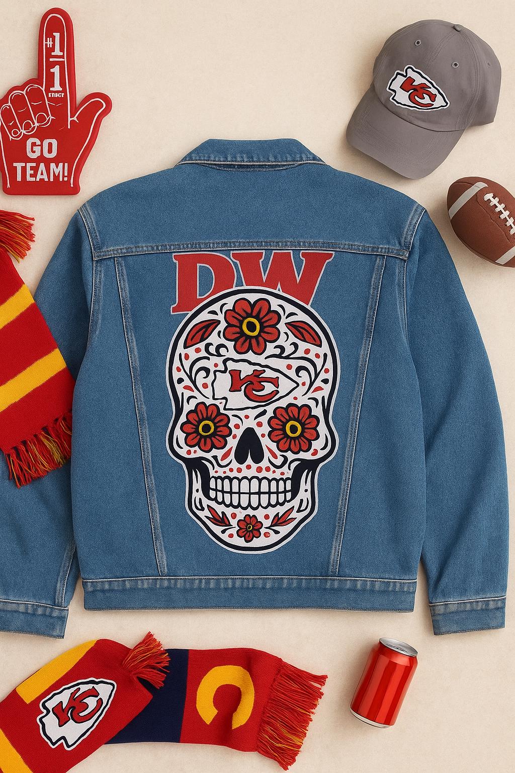 Birthday Gift for Men – KC Chiefs Skull Denim Jacket | Sport Fan Game Day Outfit, Custom Hand-Painted Gift , Sport Fan Birthday Gift