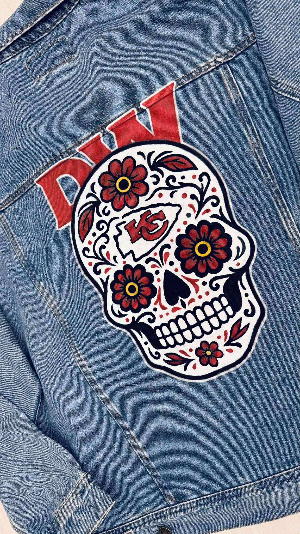 Birthday Gift for Men – KC Chiefs Skull Denim Jacket | Sport Fan Game Day Outfit, Custom Hand-Painted Gift , Sport Fan Birthday Gift