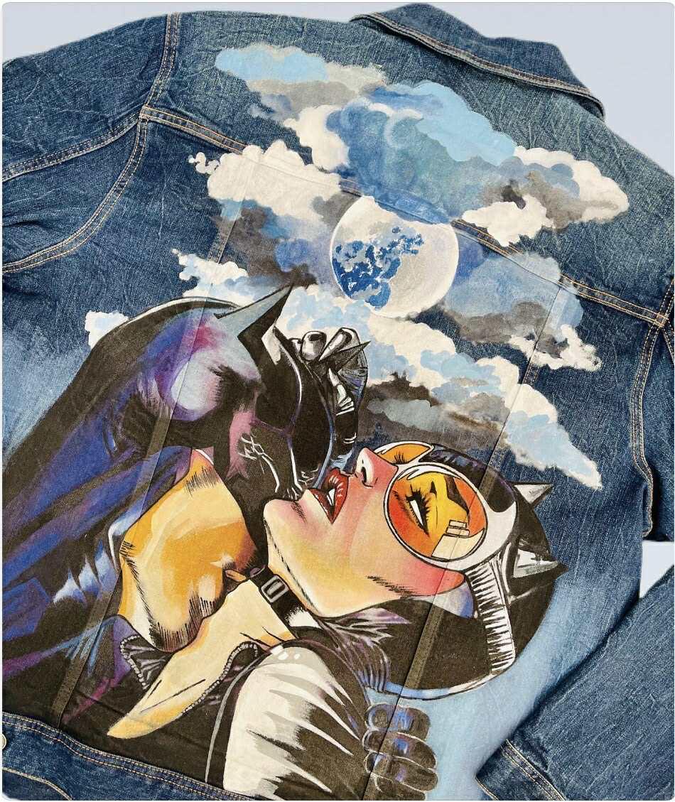 Birthday Gift for Him – Custom Batman & Catwoman Denim Jacket | Hand-Painted Oversized Pop Art Clothing, Unique Fan Gift