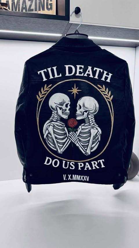Valentine’s Day Gift – Hand-Painted Gothic Leather Jacket | “Til Death Do Us Part” Rock, Punk, Anniversary Gift