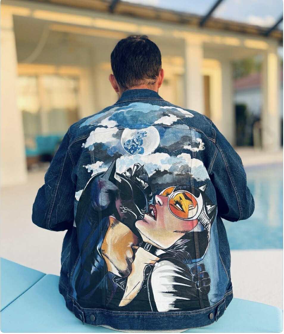 Birthday Gift for Him – Custom Batman & Catwoman Denim Jacket | Hand-Painted Oversized Pop Art Clothing, Unique Fan Gift