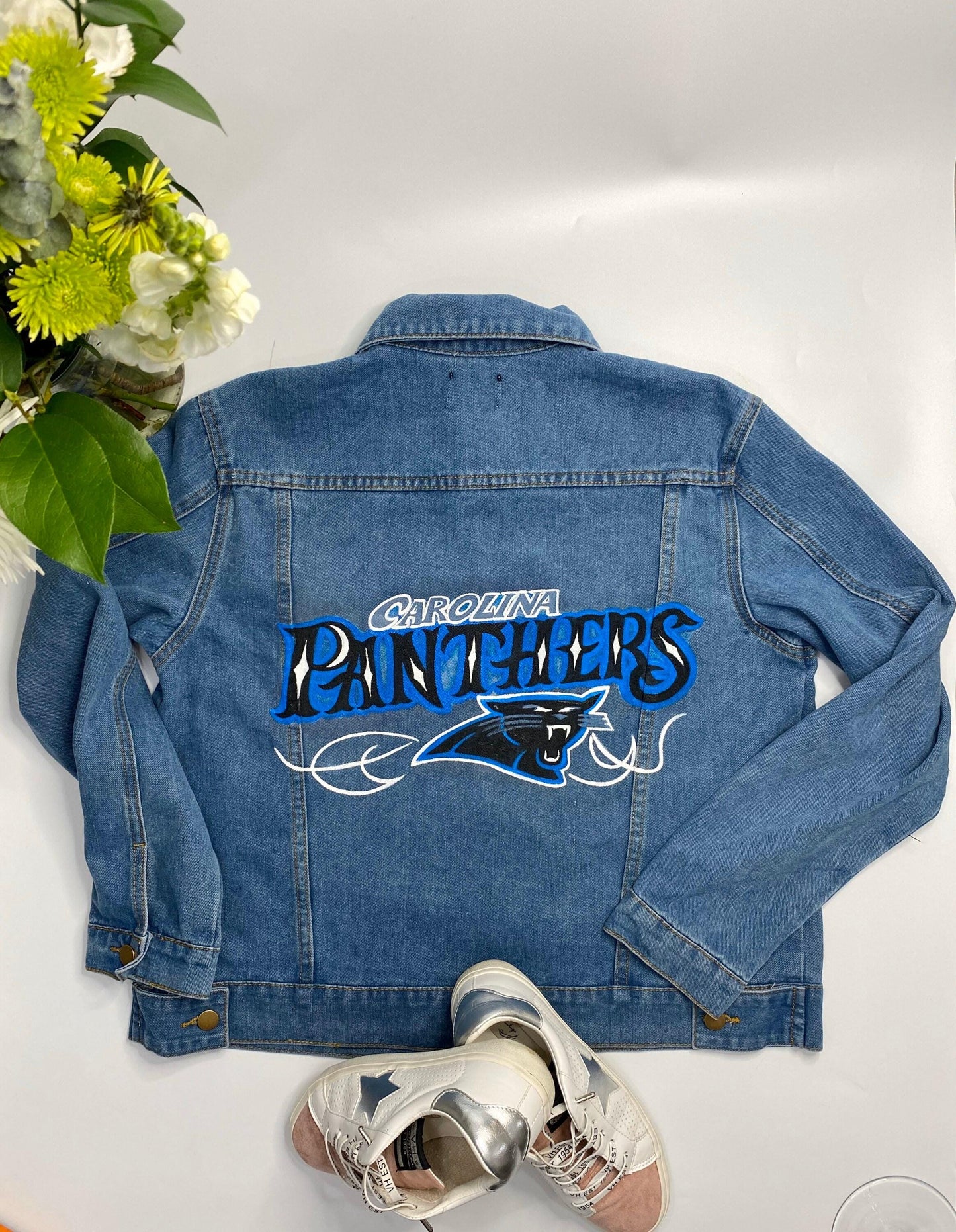 Game Day Outfit – Carolina Panthers Fan Jacket | Hand-Painted Oversized Denim, Unique NFL Sports Birthday Gift