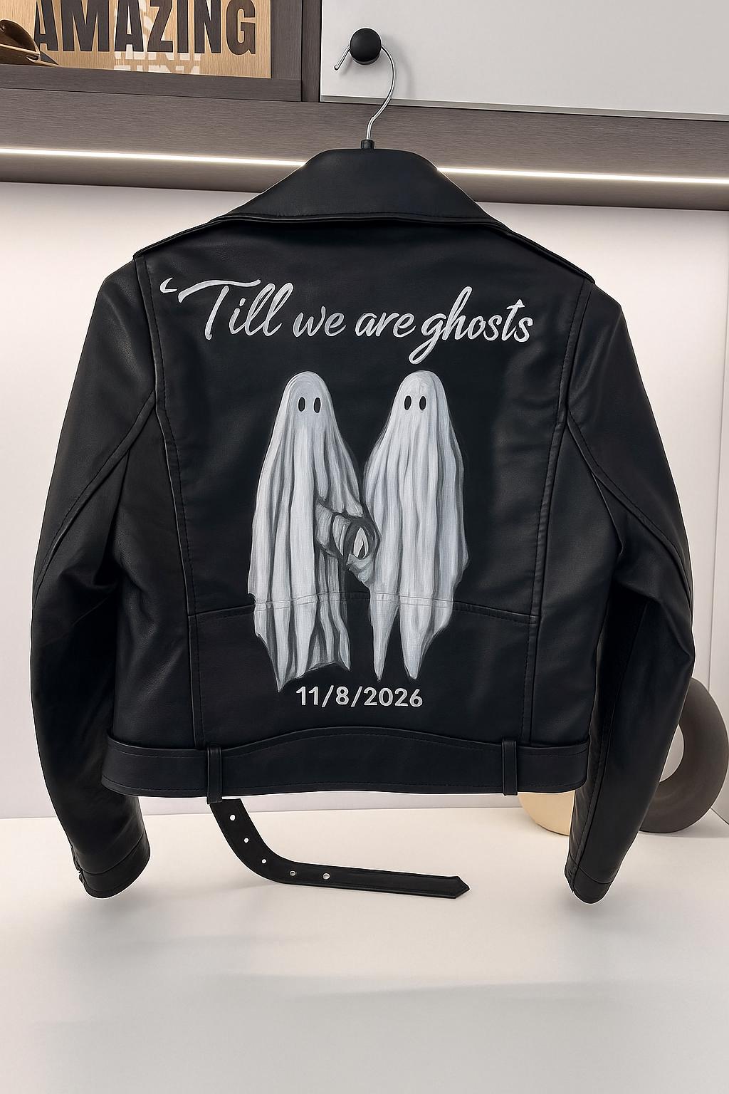 Halloween Couple Jacket, Personalized Gift, Wedding Gift – Custom Painted Leather Jacket “Till We Are Ghosts” | Gothic Bride Outfit