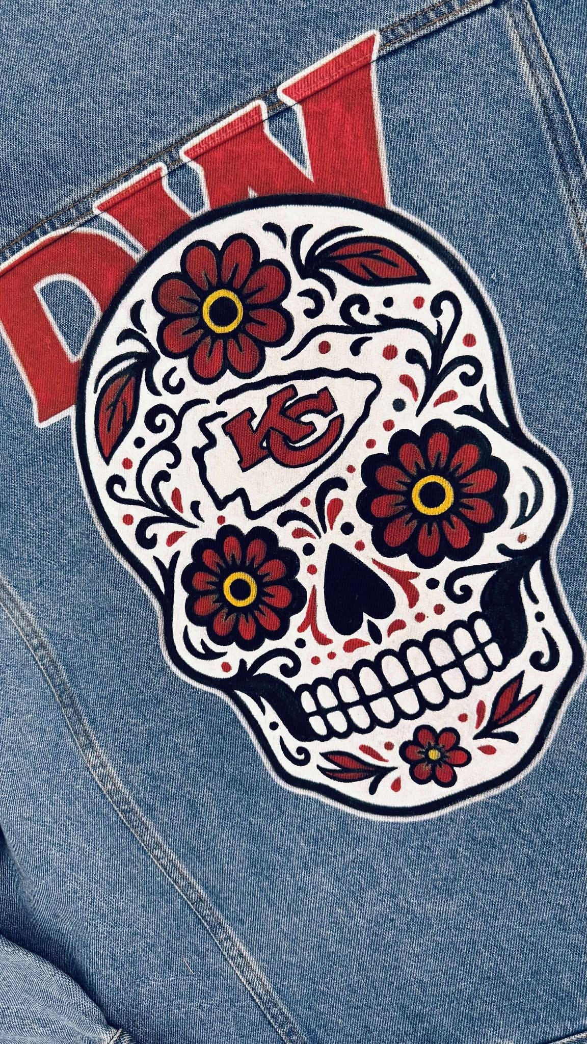 Birthday Gift for Men – KC Chiefs Skull Denim Jacket | Sport Fan Game Day Outfit, Custom Hand-Painted Gift , Sport Fan Birthday Gift