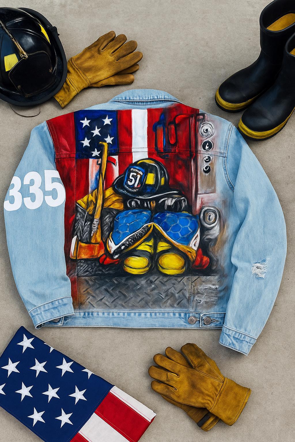 Unique Firefighter Tribute Gift – Custom Hand-Painted Denim Jacket with American Flag, Firefighter Gear, Personalized Hero Apparel