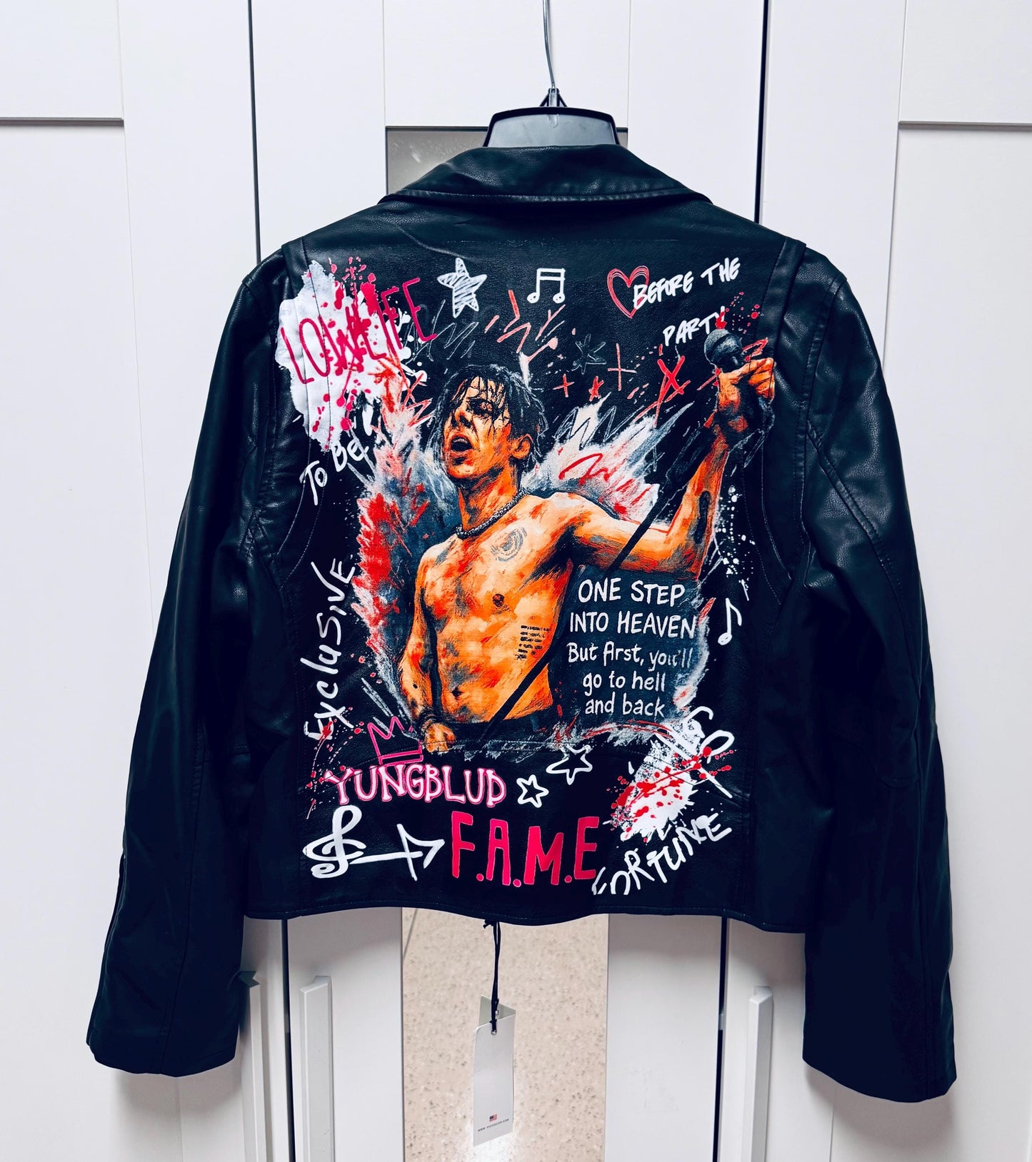 Custom Painted Portrait Jacket – Hand Painted Leather Jacket – Personalized Rock Star Art Jacket – Unique Concert Outfit – Custom Gift