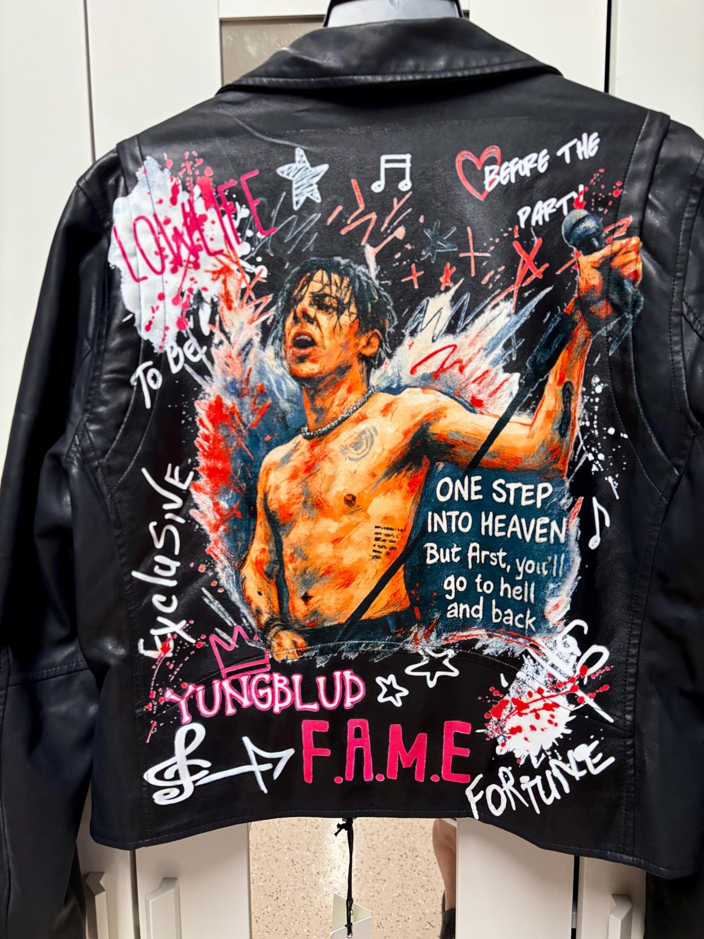 Custom Painted Portrait Jacket – Hand Painted Leather Jacket – Personalized Rock Star Art Jacket – Unique Concert Outfit – Custom Gift