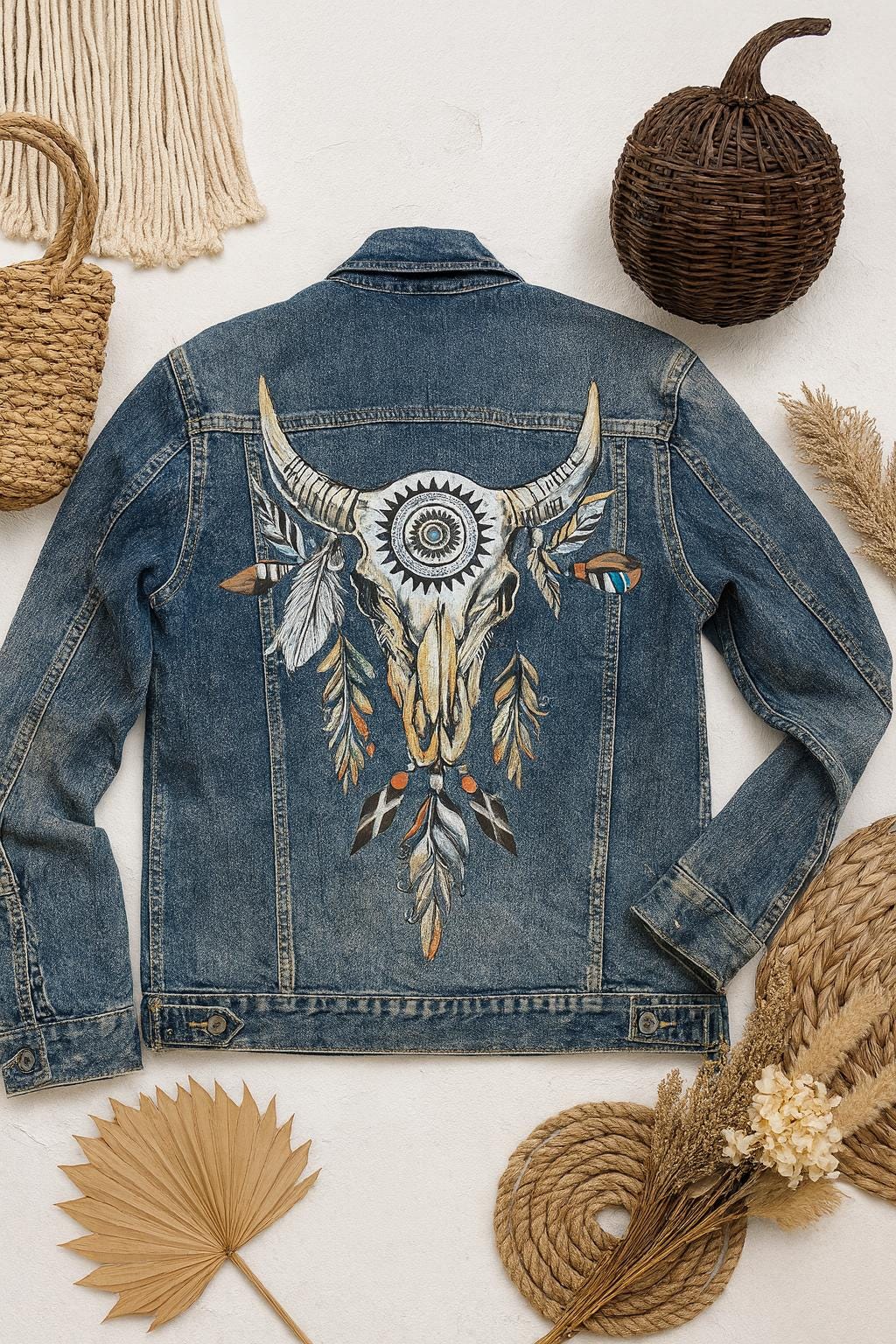 Boho Western Denim Jacket Gift | Hand-Painted Bull Skull Jean Jacket | Rustic Cowgirl Outfit | Festival Fashion | Boho Art Clothing