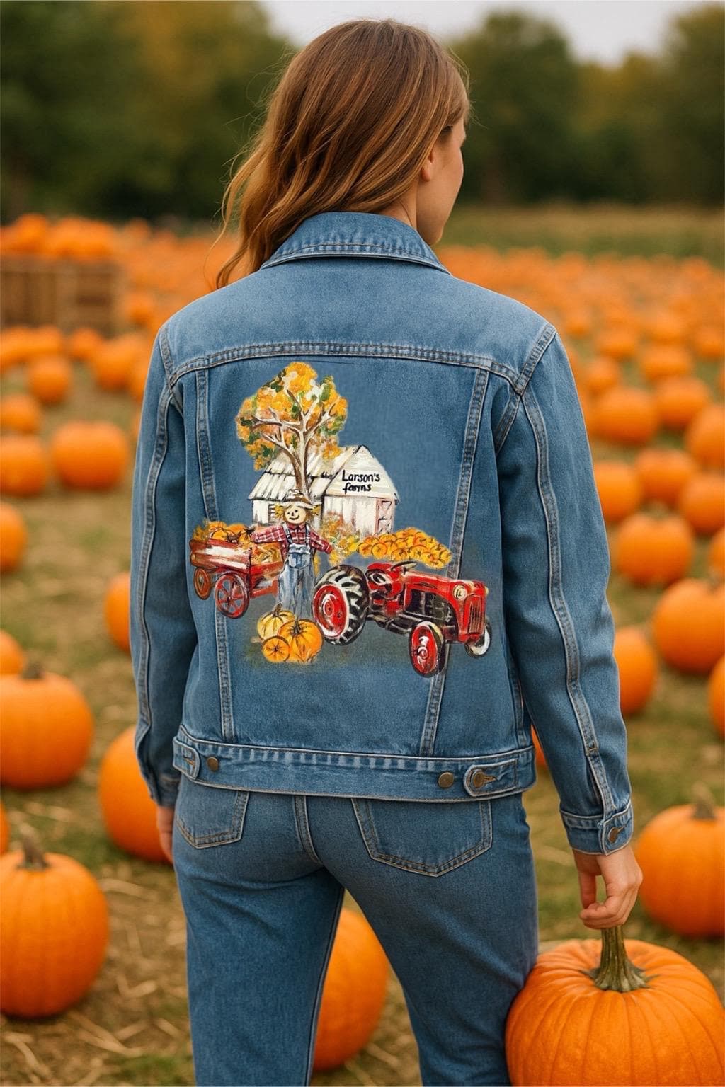 Unique Thanksgiving Gift – Custom Hand Painted Denim Jacket | Personalized Portrait Fall Jacket | Farm, Autumn, Pumpkin, Scarecrow Design