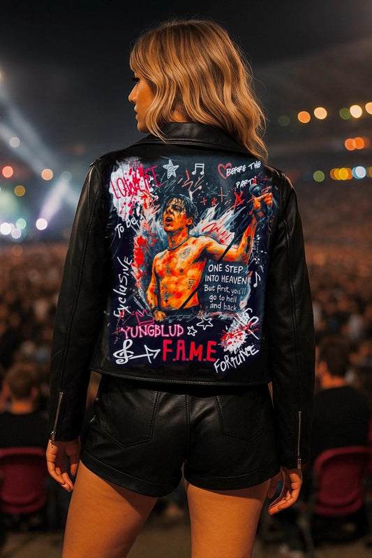 Custom Painted Portrait Jacket – Hand Painted Leather Jacket – Personalized Rock Star Art Jacket – Unique Concert Outfit – Custom Gift