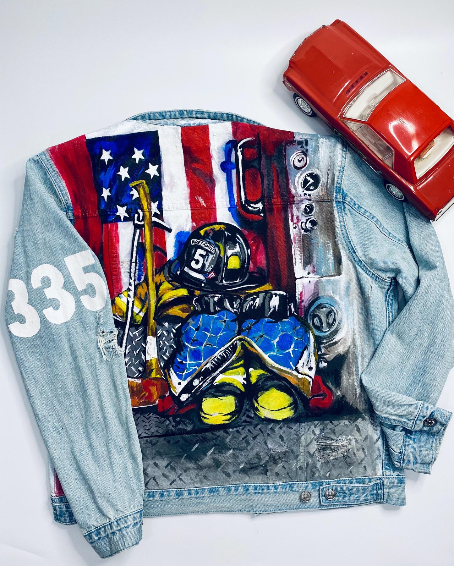 Unique Firefighter Tribute Gift – Custom Hand-Painted Denim Jacket with American Flag, Firefighter Gear, Personalized Hero Apparel