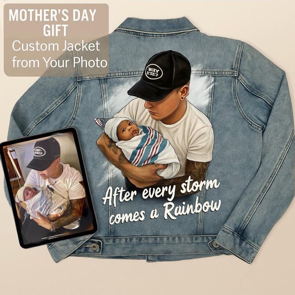 Custom Painted Denim Jacket for Mom – Personalized Mother’s Day Gift – Hand-Painted Portrait Jacket – One-of-a-Kind Fashion
