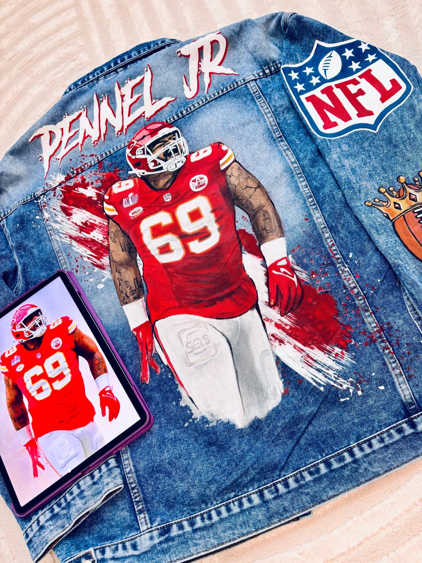 Custom Portrait Denim Jacket – Hand-Painted Artwork on Jacket, Unique Gift for Sports Fans, NFL Inspired Streetwear for Him or Her