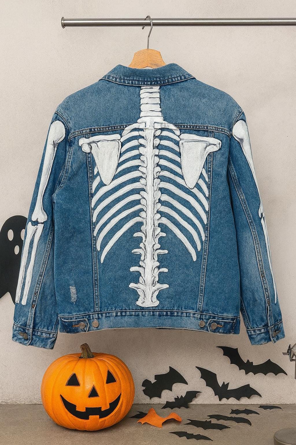 Halloween Gift – Skeleton Hand-Painted Denim Jacket | Oversized Spooky Outfit, Unique Gothic Streetwear Costume