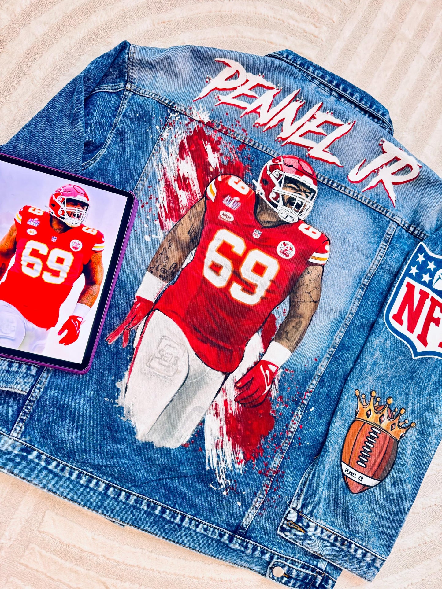 Custom Portrait Denim Jacket – Hand-Painted Artwork on Jacket, Unique Gift for Sports Fans, NFL Inspired Streetwear for Him or Her
