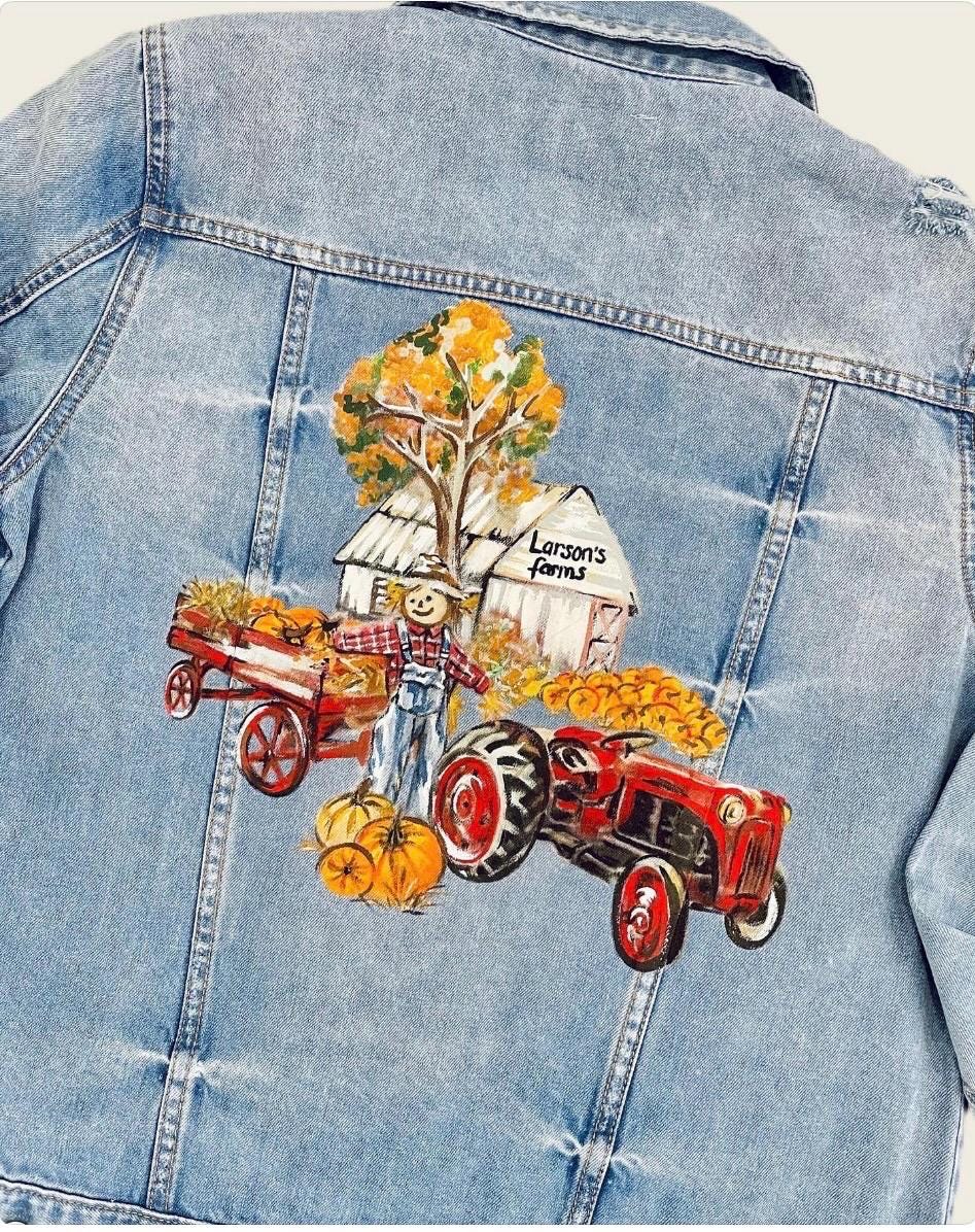 Unique Thanksgiving Gift – Custom Hand Painted Denim Jacket | Personalized Portrait Fall Jacket | Farm, Autumn, Pumpkin, Scarecrow Design