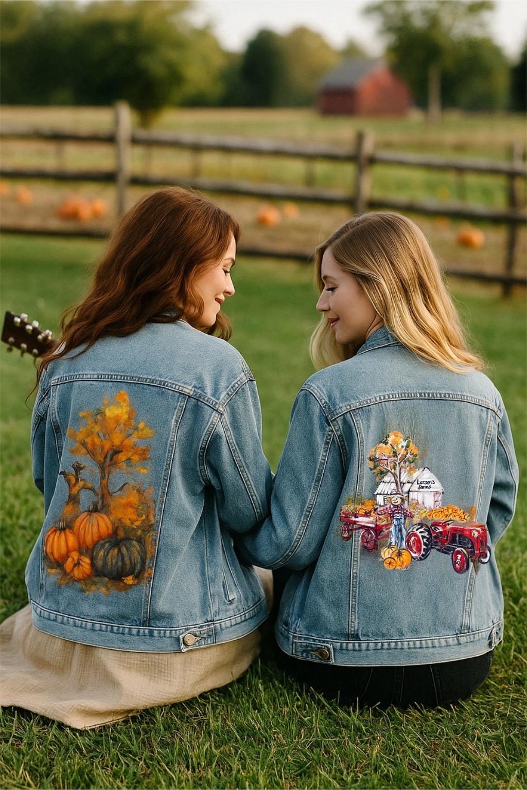 Unique Thanksgiving Gift – Custom Hand Painted Denim Jacket | Personalized Portrait Fall Jacket | Farm, Autumn, Pumpkin, Scarecrow Design