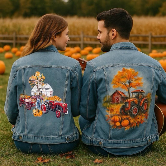Unique Thanksgiving Gift – Custom Hand Painted Denim Jacket | Personalized Portrait Fall Jacket | Farm, Autumn, Pumpkin, Scarecrow Design