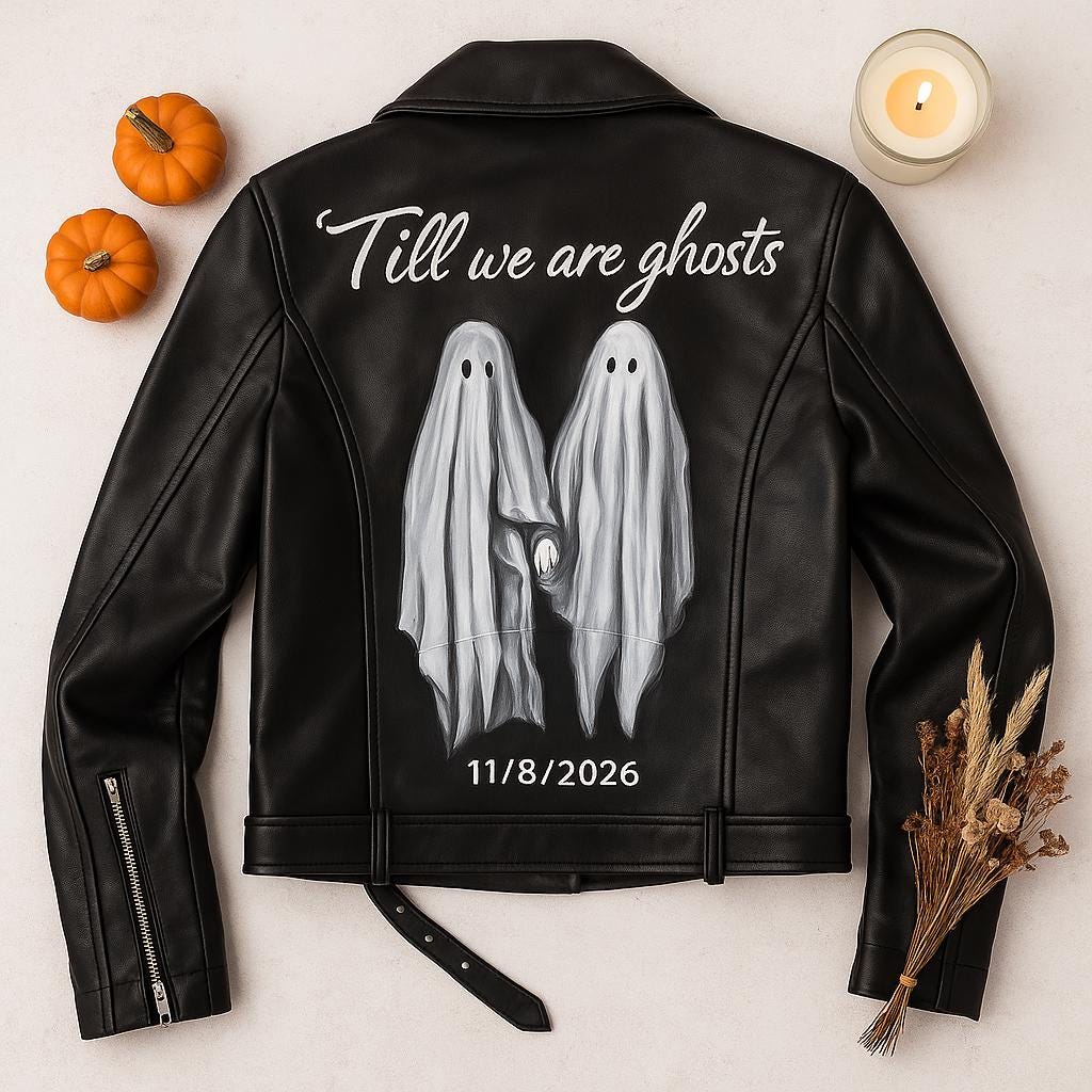 Halloween Couple Jacket, Personalized Gift, Wedding Gift – Custom Painted Leather Jacket “Till We Are Ghosts” | Gothic Bride Outfit