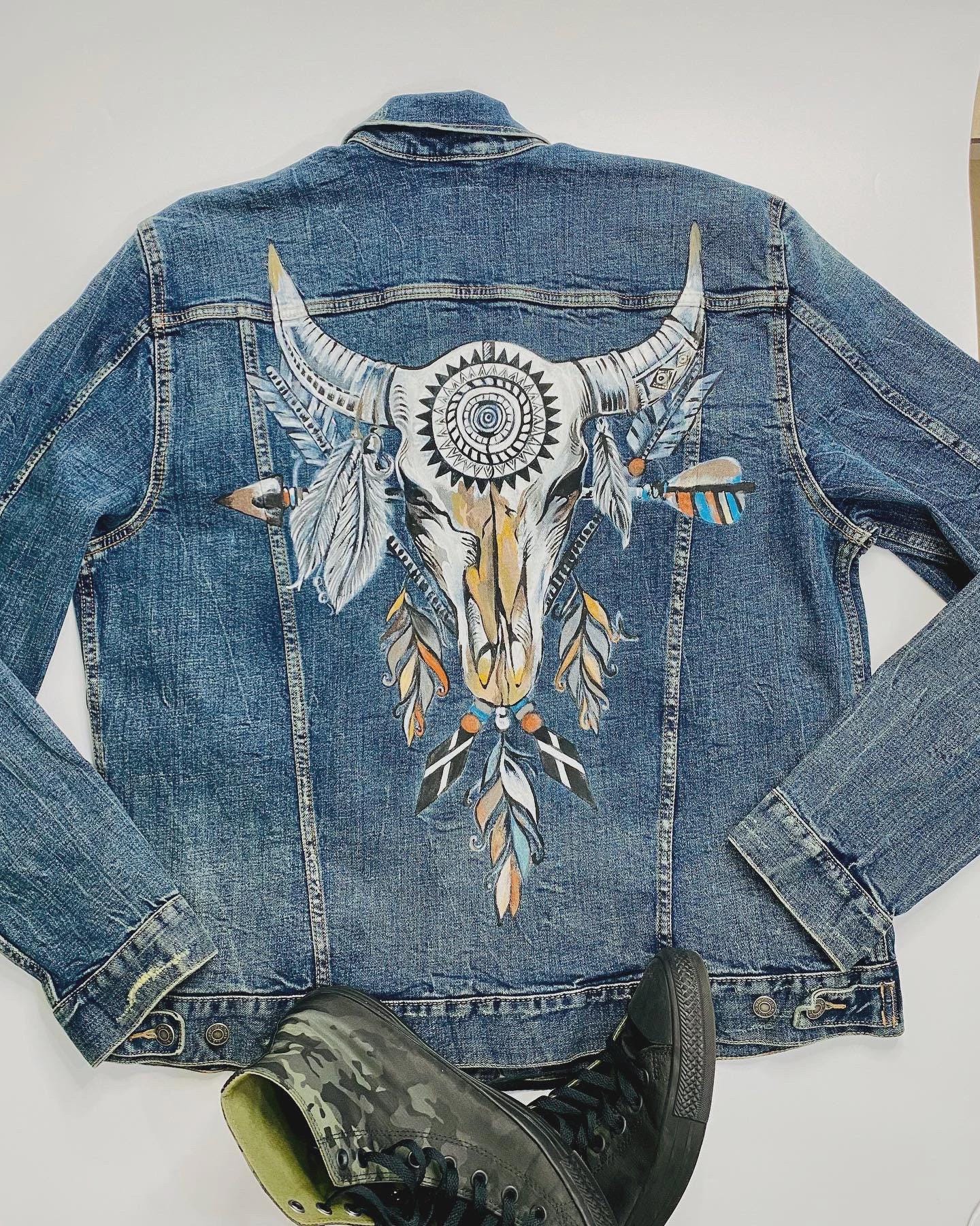 Boho Western Denim Jacket Gift | Hand-Painted Bull Skull Jean Jacket | Rustic Cowgirl Outfit | Festival Fashion | Boho Art Clothing