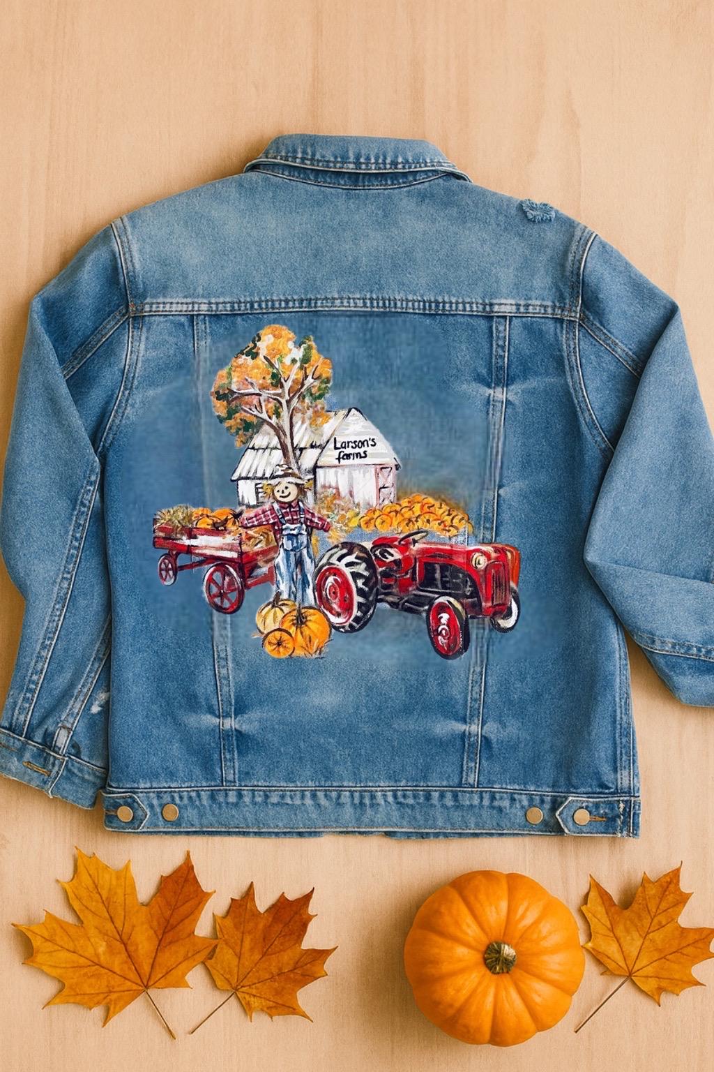 Unique Thanksgiving Gift – Custom Hand Painted Denim Jacket | Personalized Portrait Fall Jacket | Farm, Autumn, Pumpkin, Scarecrow Design