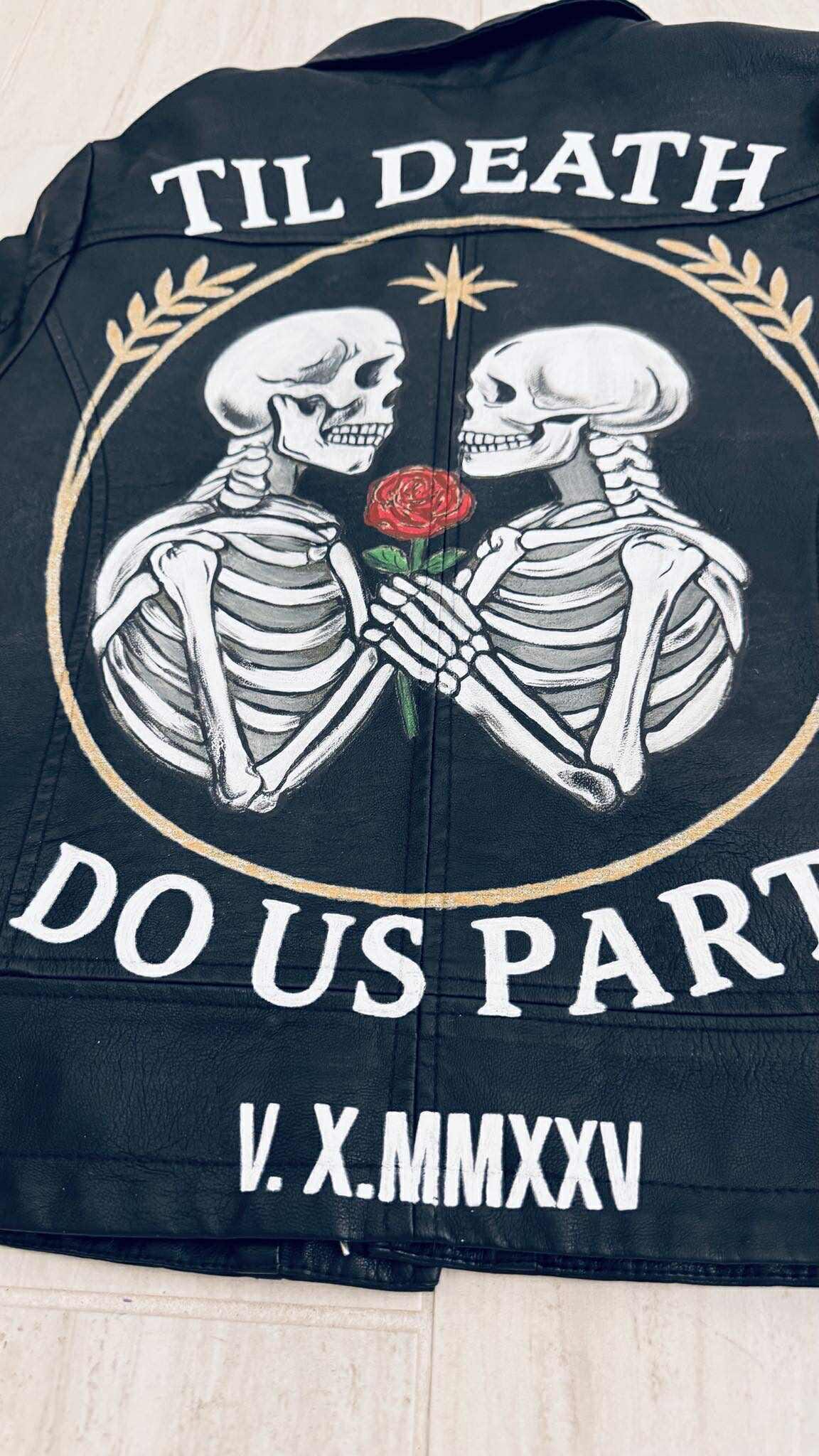 Valentine’s Day Gift – Hand-Painted Gothic Leather Jacket | “Til Death Do Us Part” Rock, Punk, Anniversary Gift