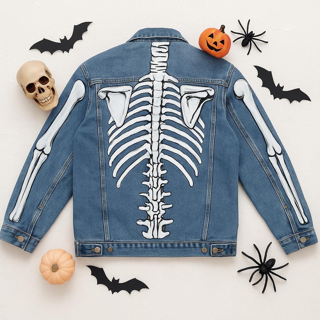 Halloween Gift – Skeleton Hand-Painted Denim Jacket | Oversized Spooky Outfit, Unique Gothic Streetwear Costume