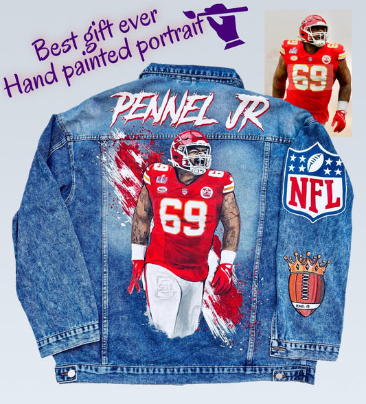 Hand Painted Denim Jackets-Best Gift-Sport Jacket -Handmade Denim Jacket-Jacket with Football player