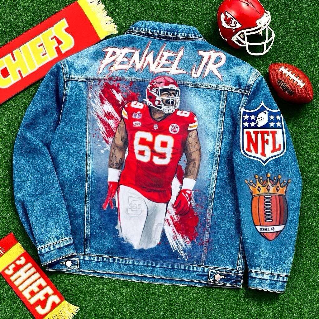 Custom Portrait Denim Jacket – Hand-Painted Artwork on Jacket, Unique Gift for Sports Fans, NFL Inspired Streetwear for Him or Her