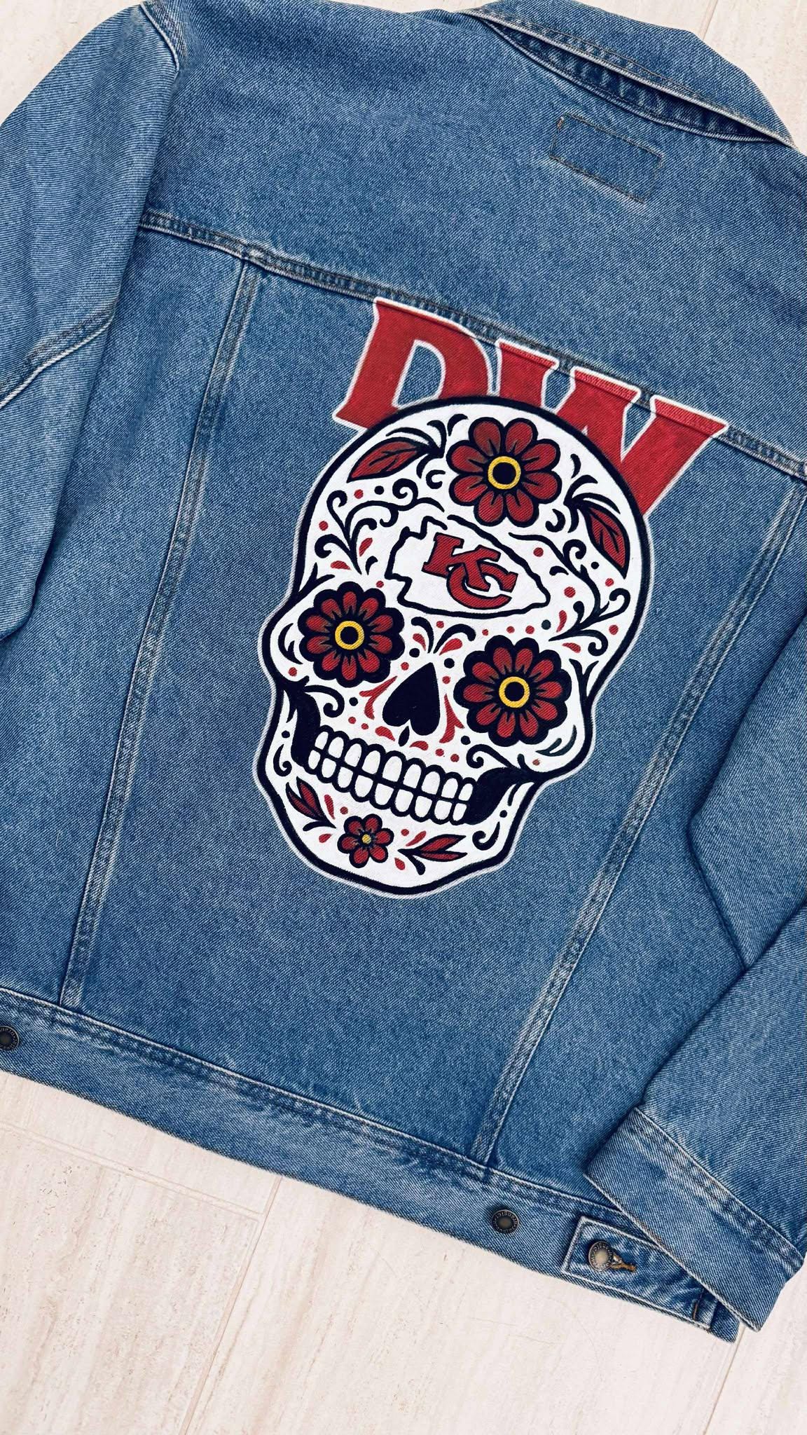 Birthday Gift for Men – KC Chiefs Skull Denim Jacket | Sport Fan Game Day Outfit, Custom Hand-Painted Gift , Sport Fan Birthday Gift
