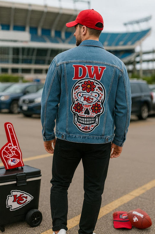 Birthday Gift for Men – KC Chiefs Skull Denim Jacket | Sport Fan Game Day Outfit, Custom Hand-Painted Gift , Sport Fan Birthday Gift