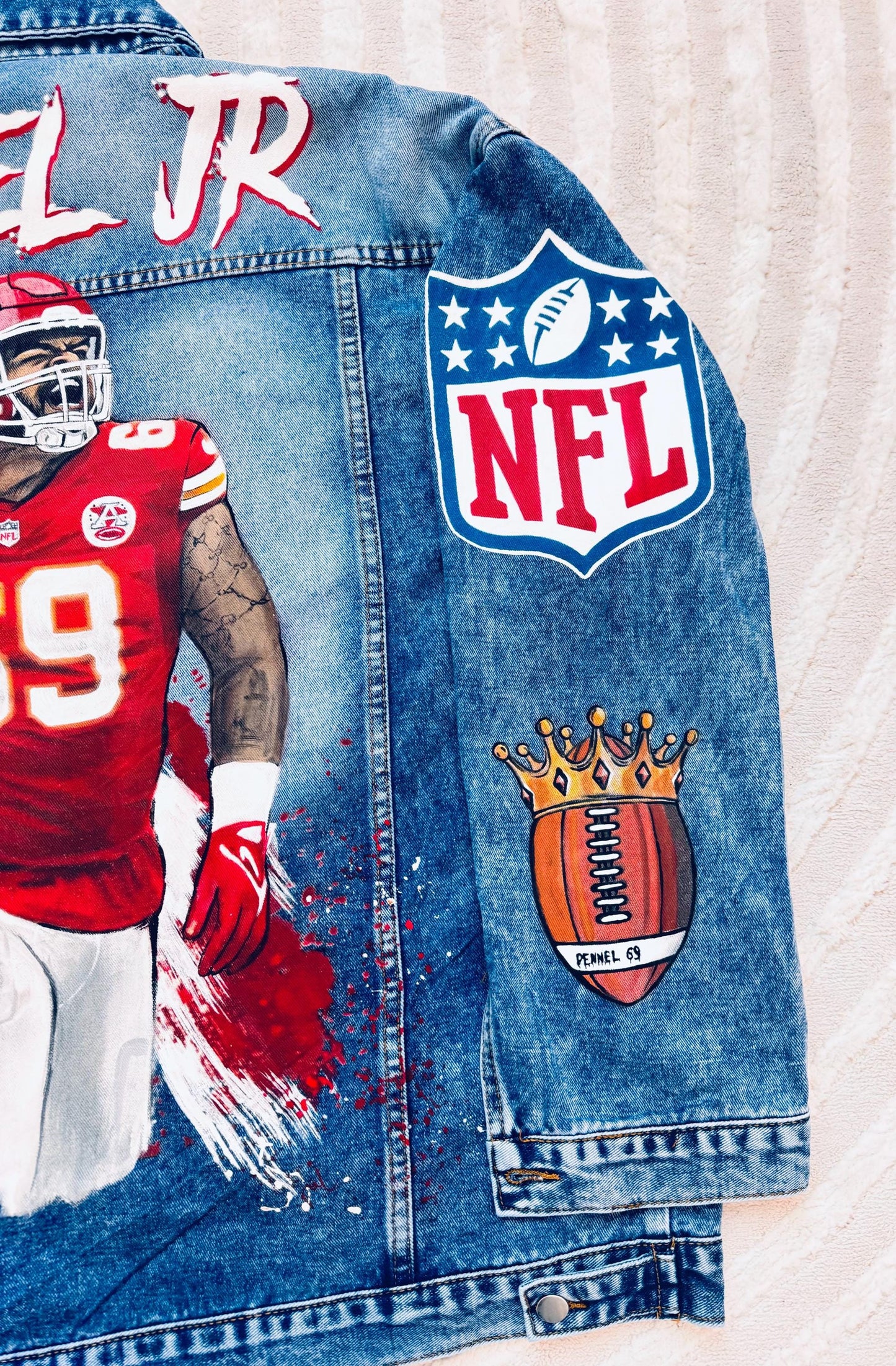Custom Portrait Denim Jacket – Hand-Painted Artwork on Jacket, Unique Gift for Sports Fans, NFL Inspired Streetwear for Him or Her