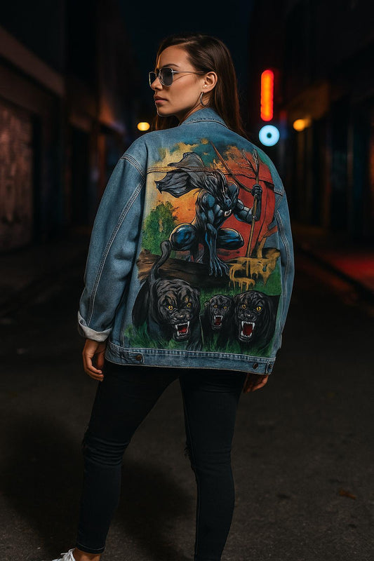 Valentines Day Gift for Marvel Fans – Hand-Painted Black Panther Denim Jacket | Custom Oversized Streetwear, Comic Fan Clothing