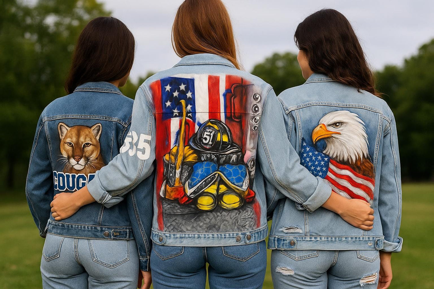 Unique Firefighter Tribute Gift – Custom Hand-Painted Denim Jacket with American Flag, Firefighter Gear, Personalized Hero Apparel