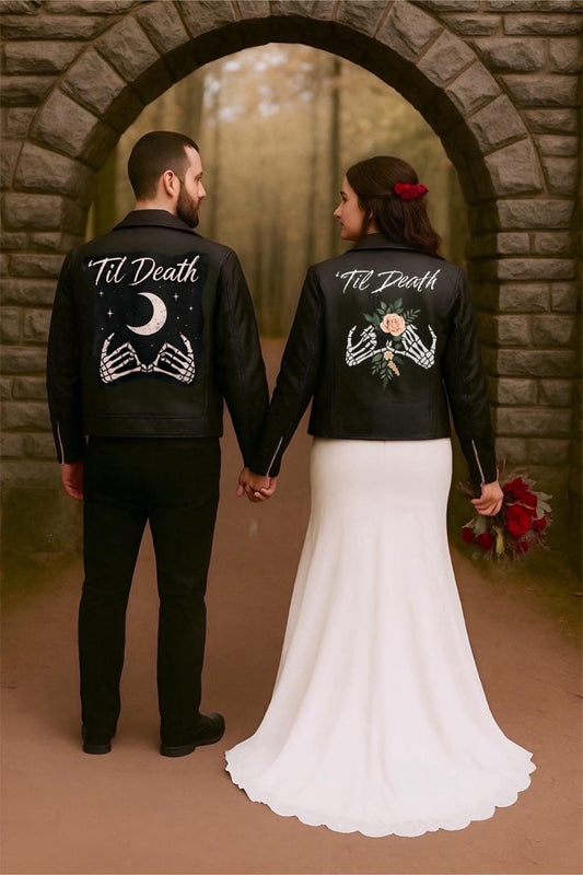 Wedding Gift – Hand-Painted Leather Jacket “Til Death” | Gothic Bride Outfit, Punk Rock Anniversary, Alternative Couple Gift