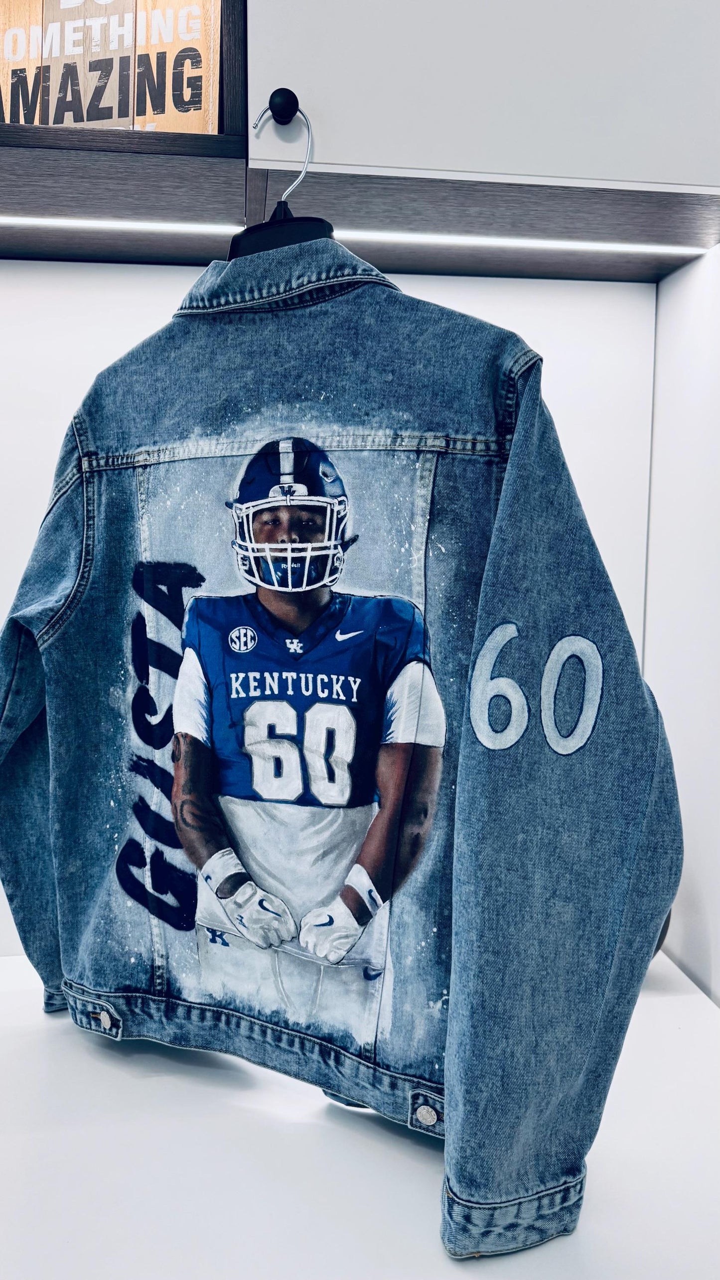 Sports Fan Birthday Gift – Custom Hand-Painted Portrait Denim Jacket, NFL NBA MLB Player with Team Logo & Number