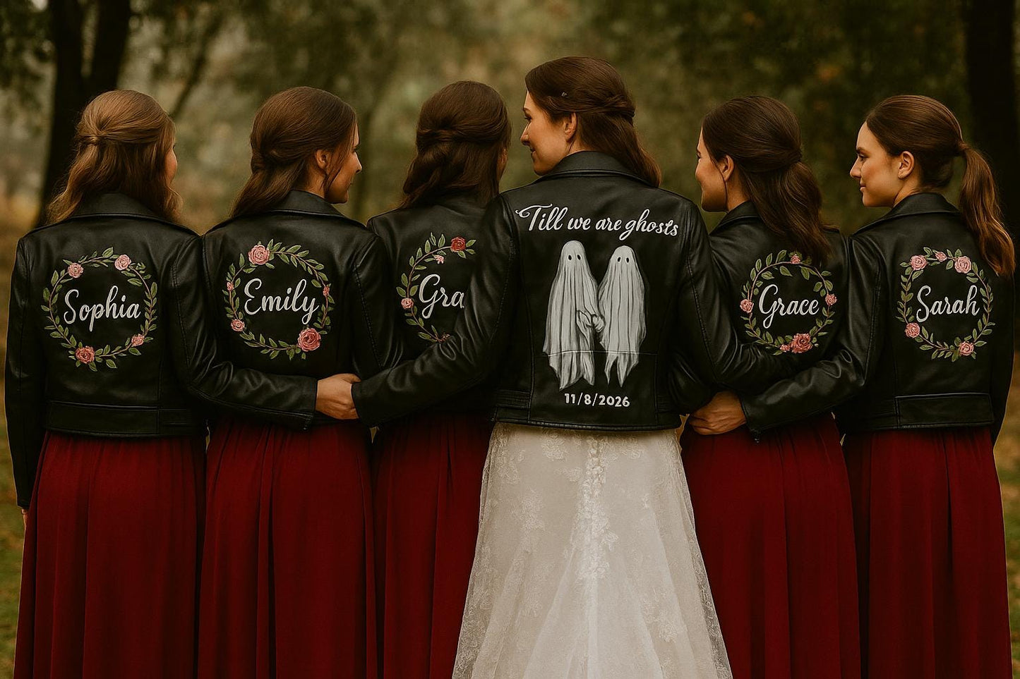Halloween Couple Jacket, Personalized Gift, Wedding Gift – Custom Painted Leather Jacket “Till We Are Ghosts” | Gothic Bride Outfit