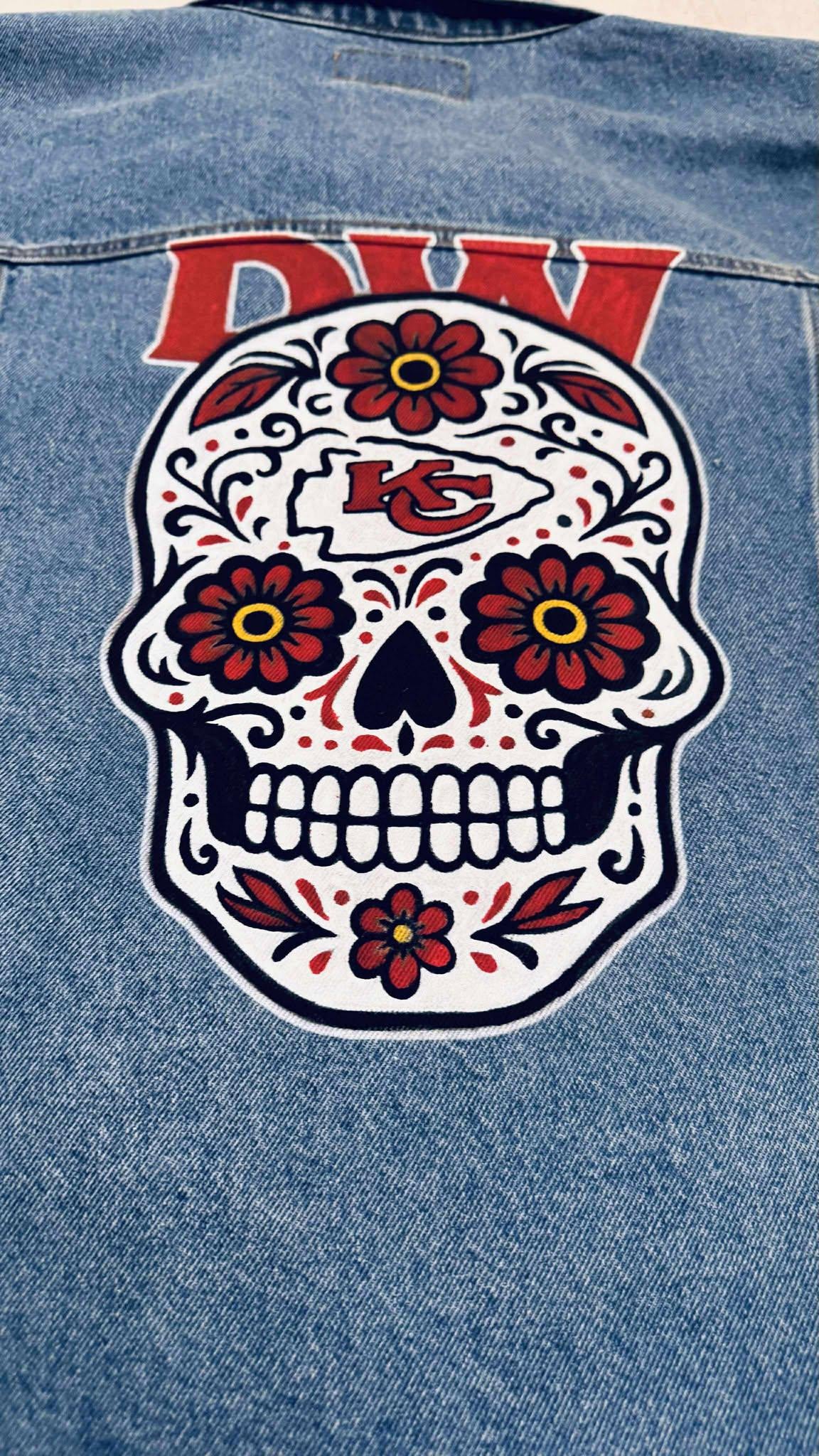 Birthday Gift for Men – KC Chiefs Skull Denim Jacket | Sport Fan Game Day Outfit, Custom Hand-Painted Gift , Sport Fan Birthday Gift
