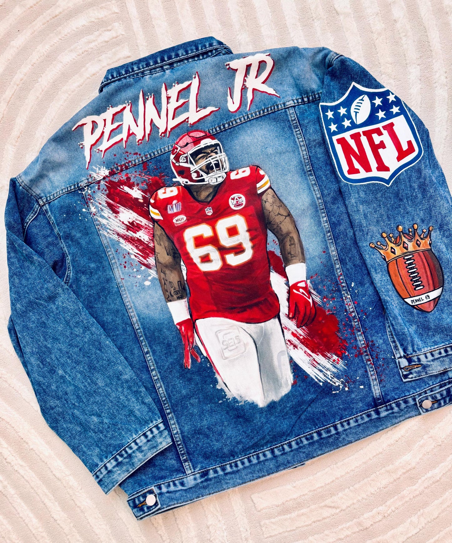 Custom Portrait Denim Jacket – Hand-Painted Artwork on Jacket, Unique Gift for Sports Fans, NFL Inspired Streetwear for Him or Her