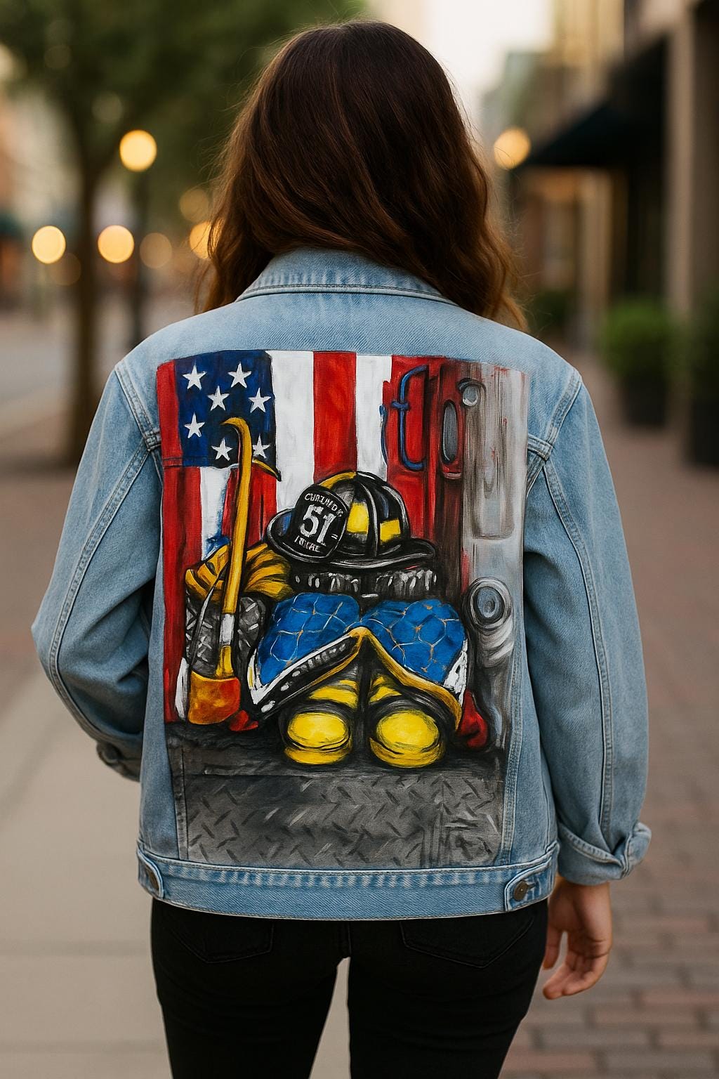Unique Firefighter Tribute Gift – Custom Hand-Painted Denim Jacket with American Flag, Firefighter Gear, Personalized Hero Apparel