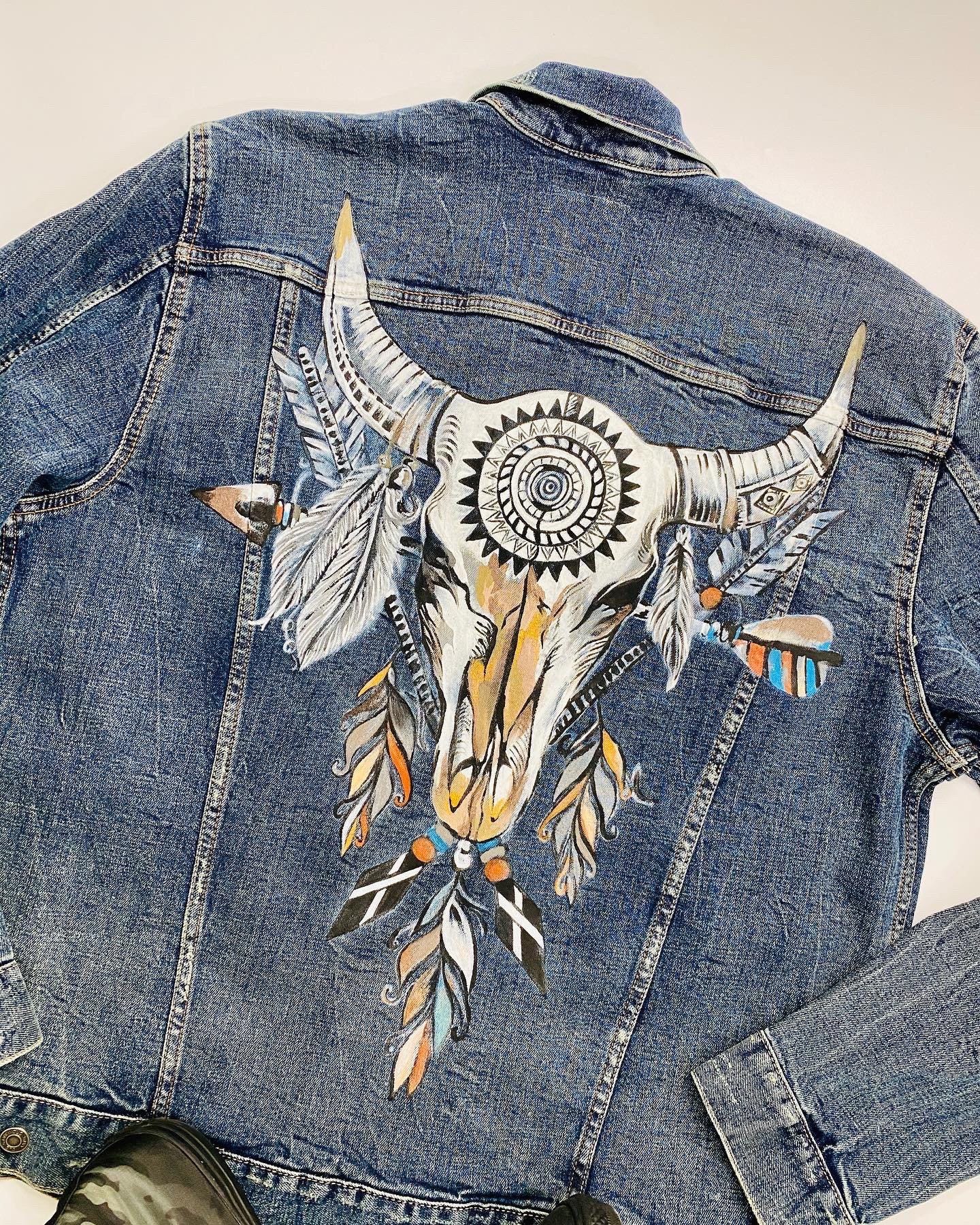 Boho Western Denim Jacket Gift | Hand-Painted Bull Skull Jean Jacket | Rustic Cowgirl Outfit | Festival Fashion | Boho Art Clothing