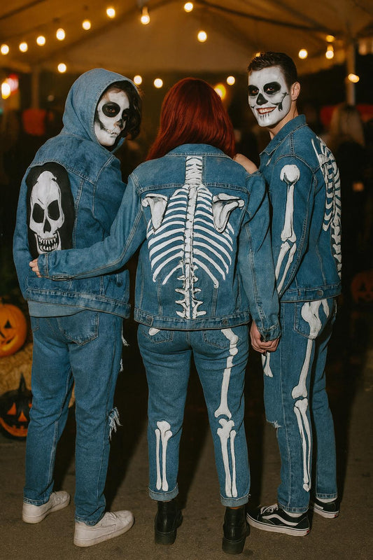 Halloween Gift – Skeleton Hand-Painted Denim Jacket | Oversized Spooky Outfit, Unique Gothic Streetwear Costume
