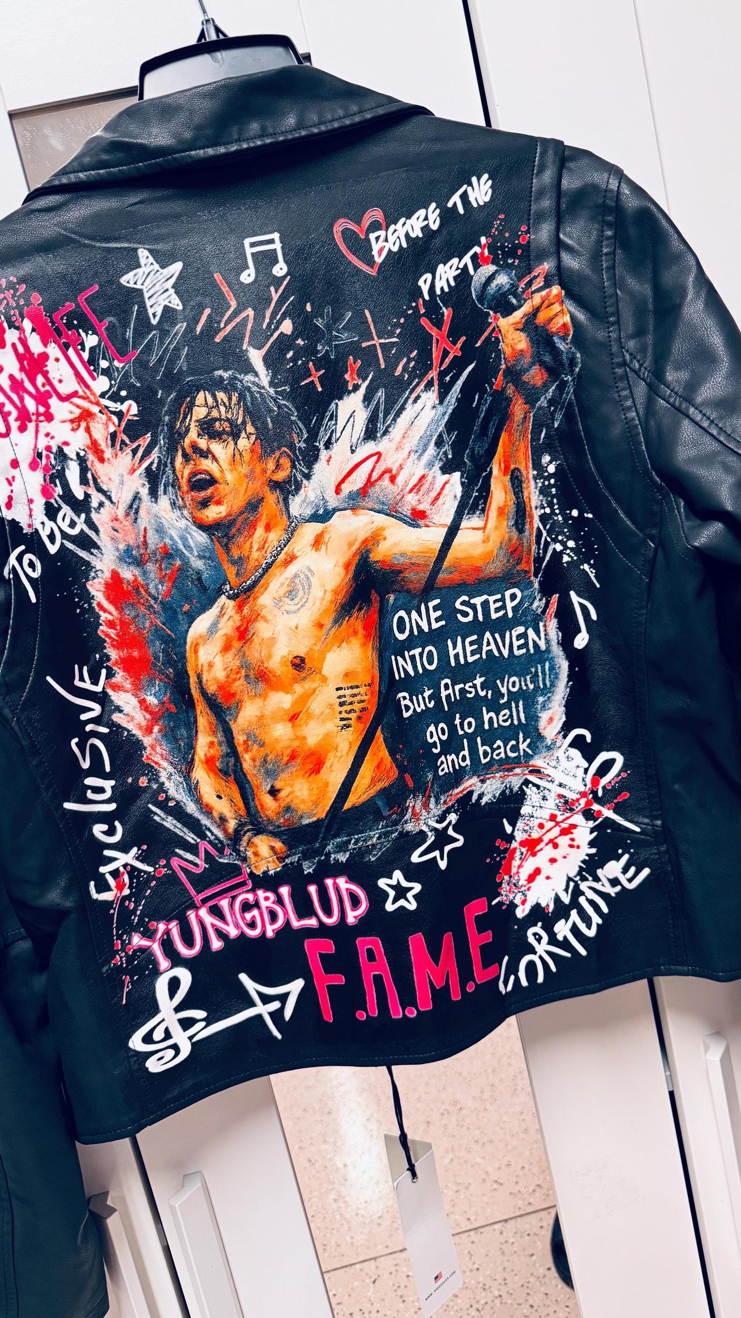 Custom Painted Portrait Jacket – Hand Painted Leather Jacket – Personalized Rock Star Art Jacket – Unique Concert Outfit – Custom Gift