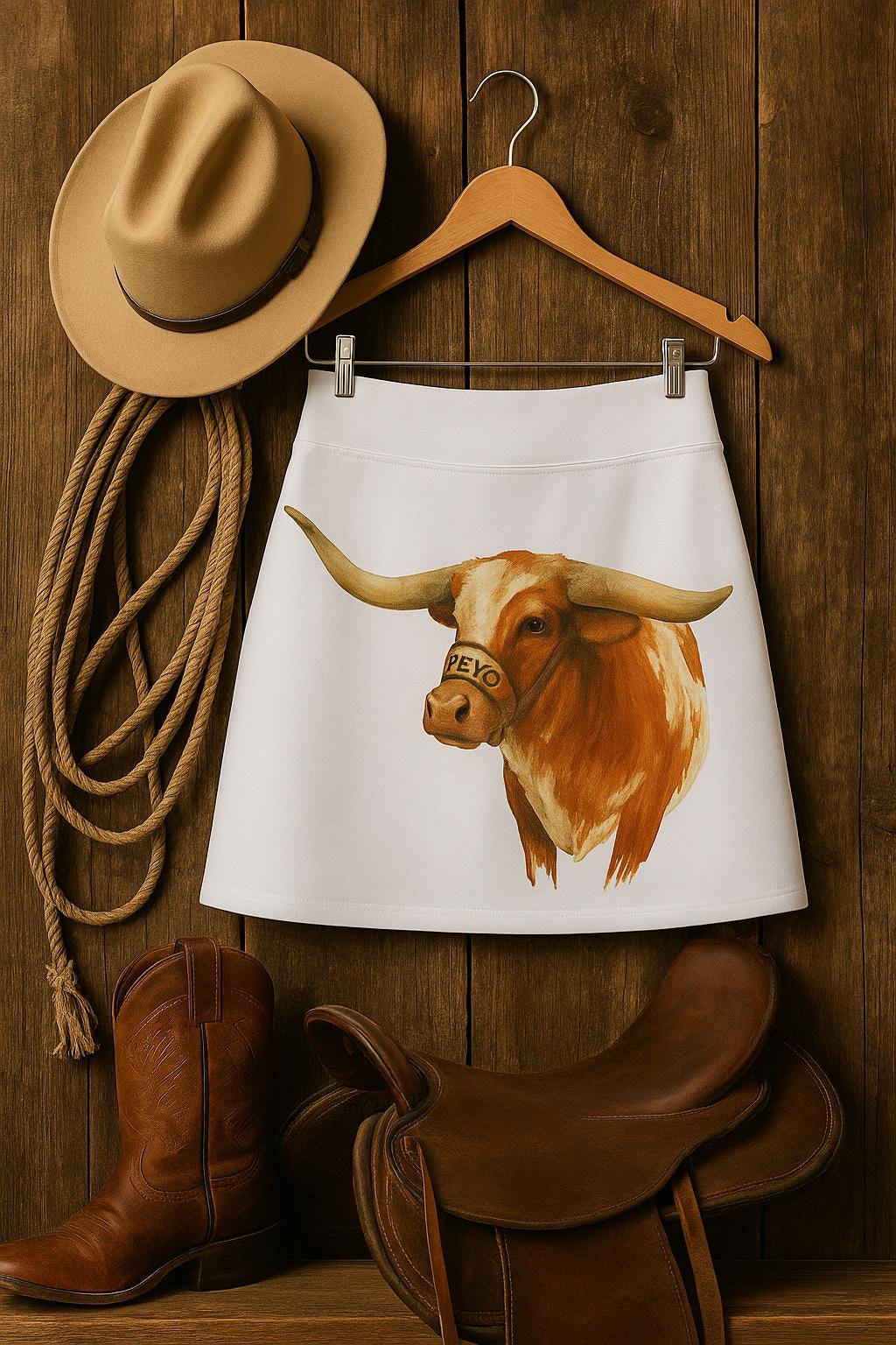 Hand-Painted Skirt | Western Concert Outfit | Custom Boho Rodeo Clothing | BEVO Texas Longhorn Design, Country Festival Clothing