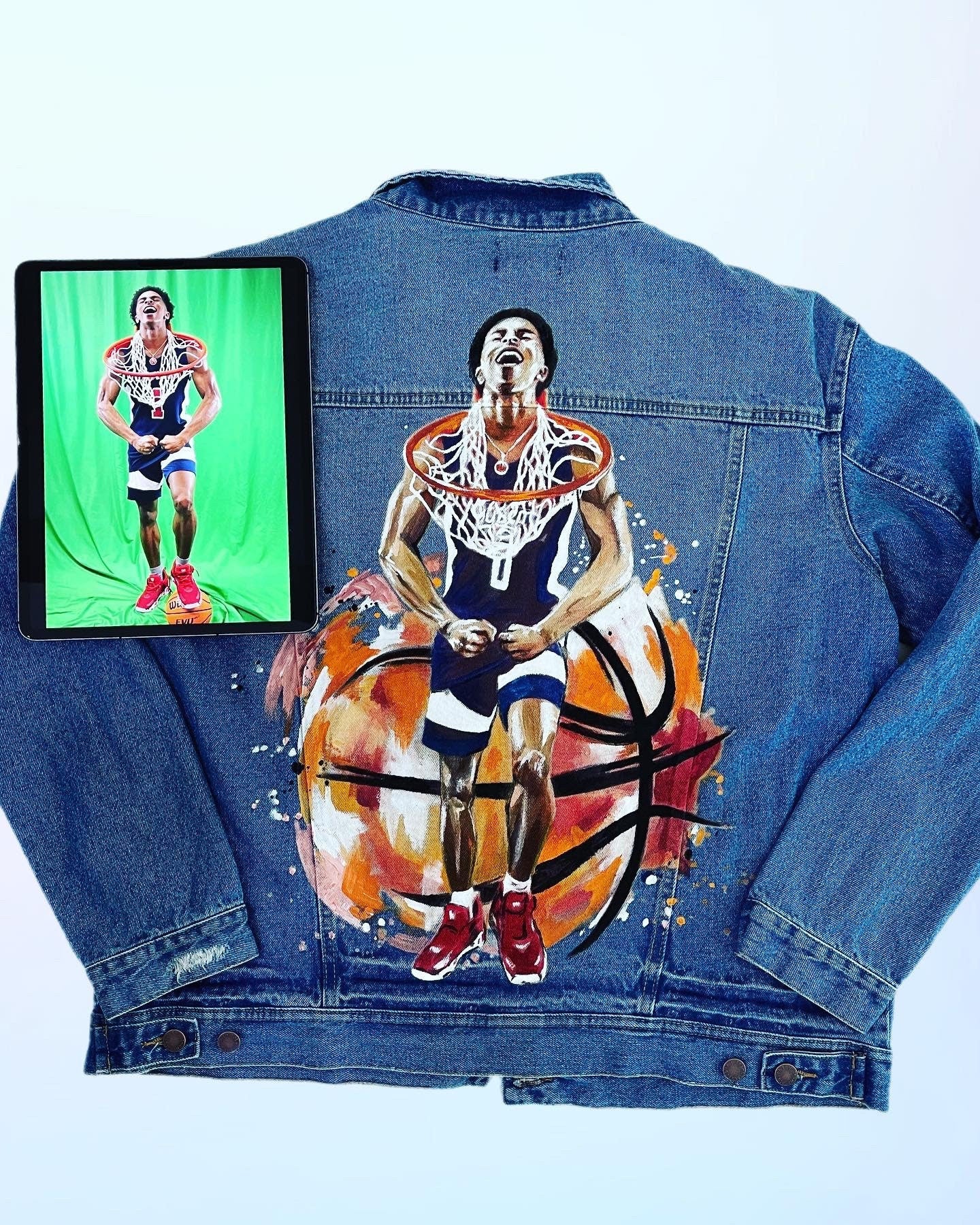 Valentine Gift, Portrait Painted on Jacket Basketball Jean Jacket with Art ,Painted Clothes Best  Personalized Gift Hand Painted Denim